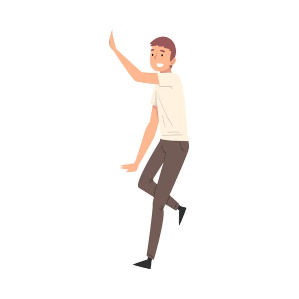 Jeune homme donnant High Five, heureux sourire homme saluant partenaire ou ami vecteur Illustration — Image vectorielle