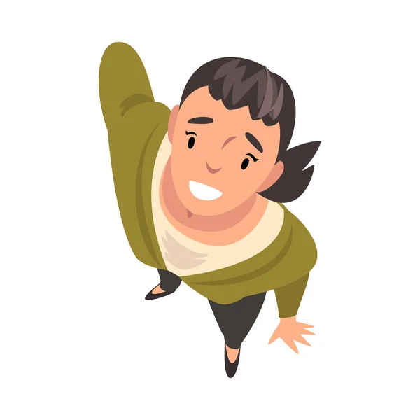 Smiling Young Woman Character Looking Up, View from Above Vector Illustration — 图库矢量图片