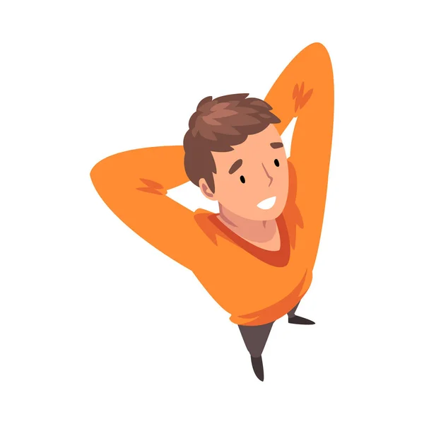 Cheerful Young Man Character Looking Up Throwing His Hands Over His Head, View from Above Vector Illustration — ストックベクタ
