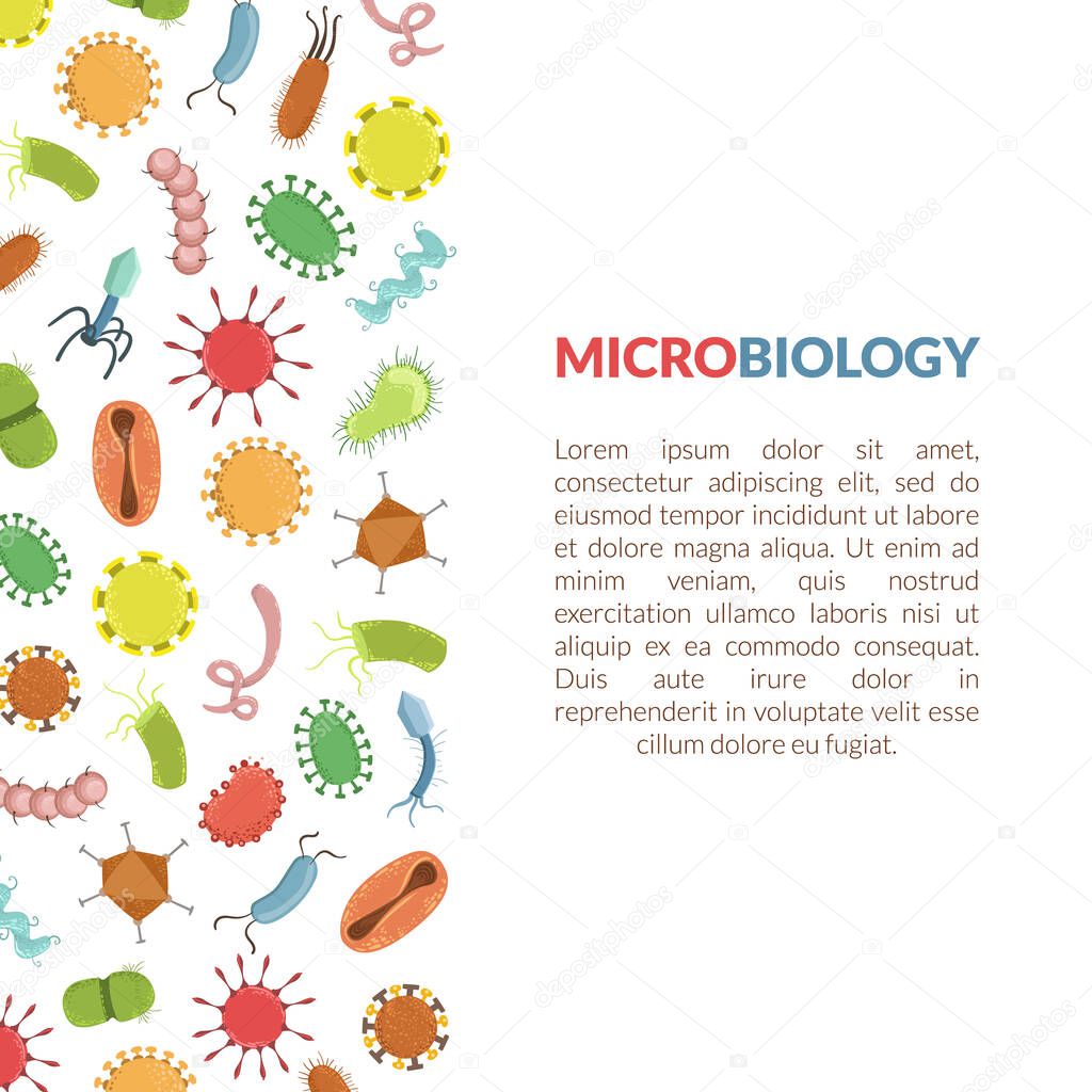 Microbiology Banner or Landing Page Template with Text and Colorful Bacterias, Science and Medicine Vector Illustration