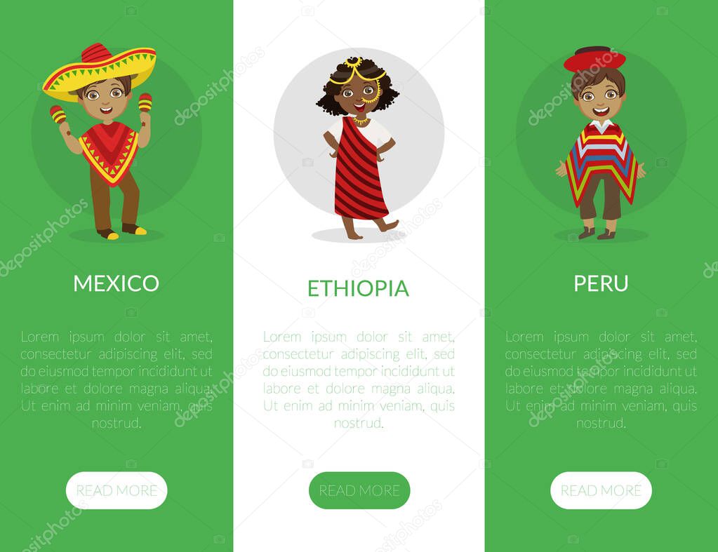 Mexico, Ethiopia, Peru Landing Page Template with Kids Wearing Traditional Costumes Vector Illustration