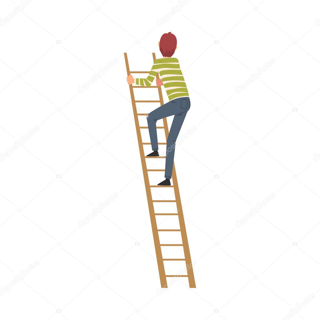 Teenage Boy Climbing Up the Step Ladder Vector Illustration
