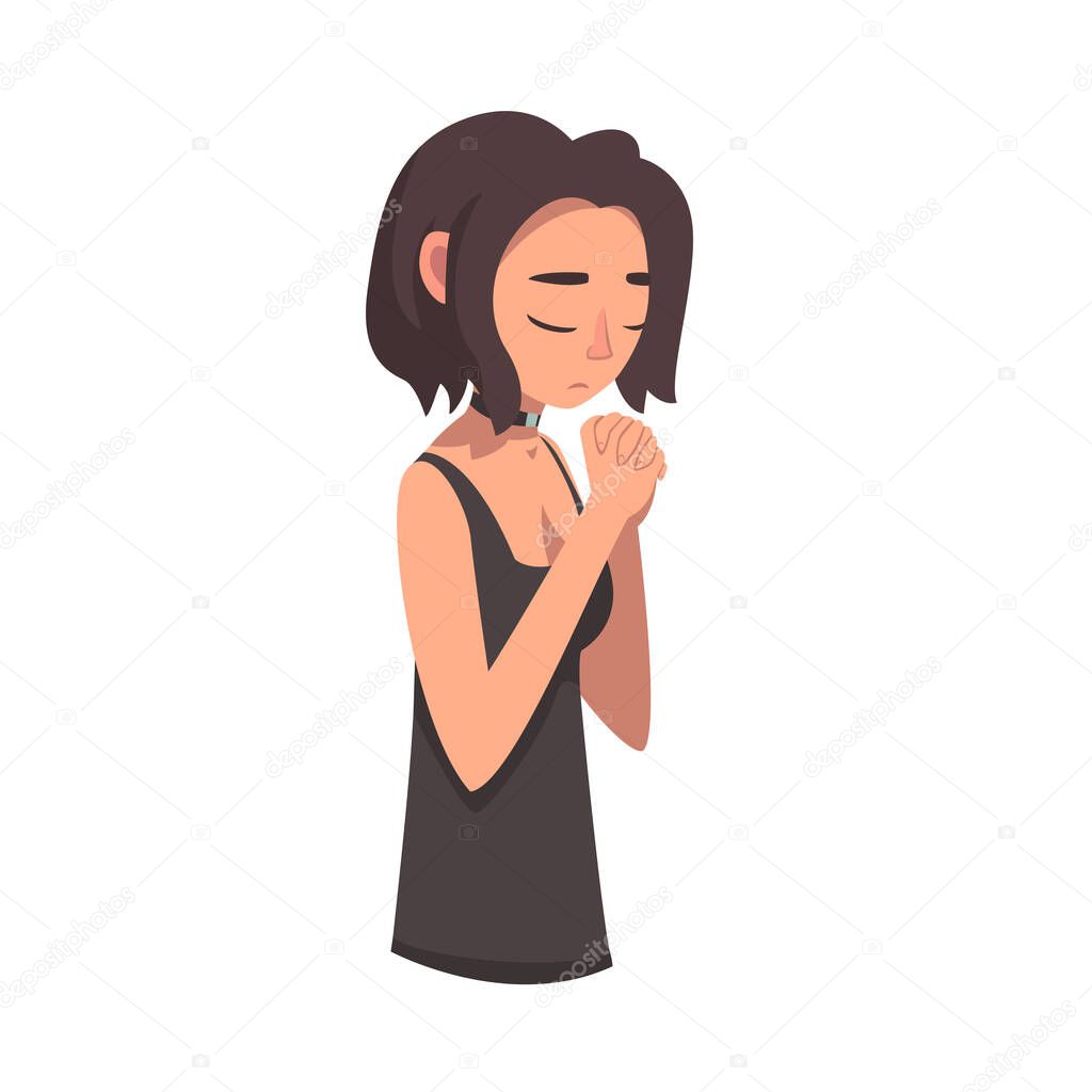 Sad Woman with Her Hands Clasped in Prayer, Female Character Facial Emotions Vector Illustration