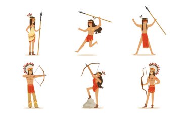 Mızraklı ve yaylı çizgi film Kızılderilileri. Vektör çizimleri kümesi.