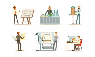 Male engineers are designing a new building. Vector illustration on a white background.