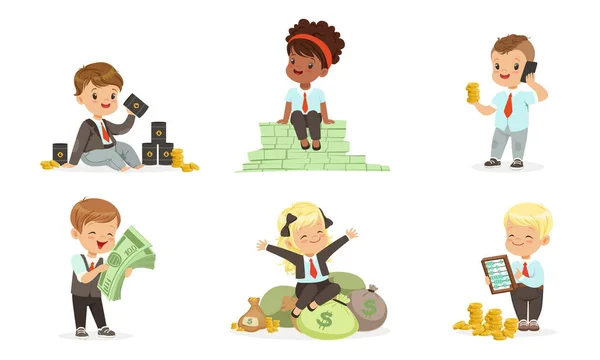 Cute toddlers in suits of businessmen with money and barrels of oil. Set of vector illustrations. — Stockový vektor