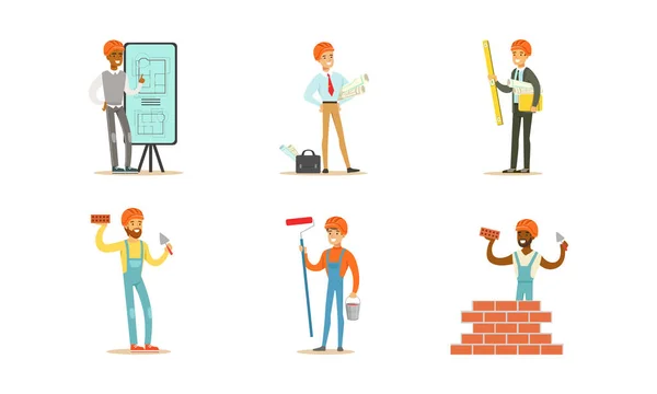 Male builders and engineers with tools. Vector illustration on a white background. — Stok Vektör