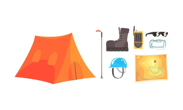 Апельсиновая палатка и набор альпинистов. Векторная иллюстрация на белом фоне . — стоковый вектор