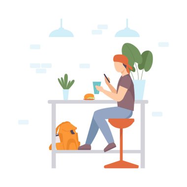 Elinde akıllı telefon olan bir genç bir kafede oturuyordu. Vektör illüstrasyonu.