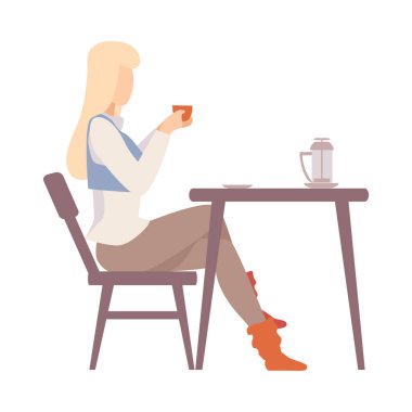 Kadın bir masada kahve içiyor. Vektör illüstrasyonu.