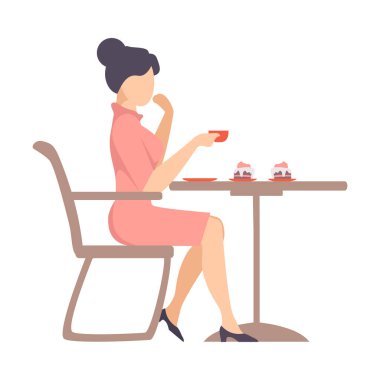 Pembe elbiseli kadın bir kafedeki masada kahve içiyor. Vektör illüstrasyonu.