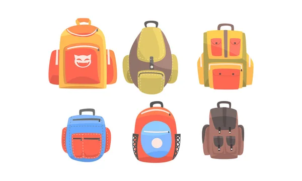 Conjunto de mochilas completas para dar un paseo. Ilustración vectorial sobre fondo blanco . — Vector de stock