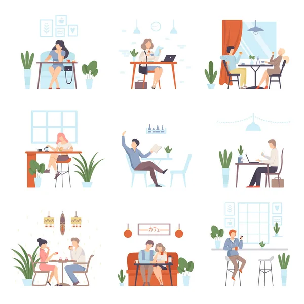 Hommes et femmes dans un café. Illustration vectorielle . — Image vectorielle