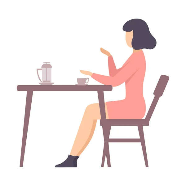 Une femme en robe rose s'assoit à une table. Illustration vectorielle . — Image vectorielle