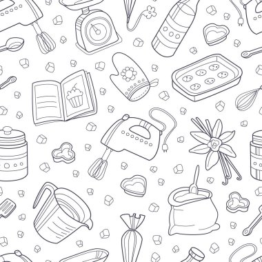 Mutfak malzemelerinin dış hatlarından bir desen. Vektör illüstrasyonu.