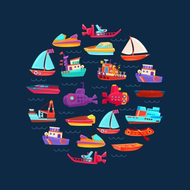 Farklı gemi ve gemilerin izleri. Vektör illüstrasyonu.