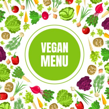 Üzerinde Vegan menüsü yazan yeşil daire. Vektör illüstrasyonu.