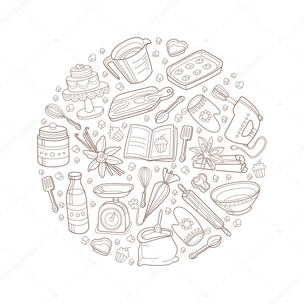 Circle with a pattern of kitchen items. Vector illustration.