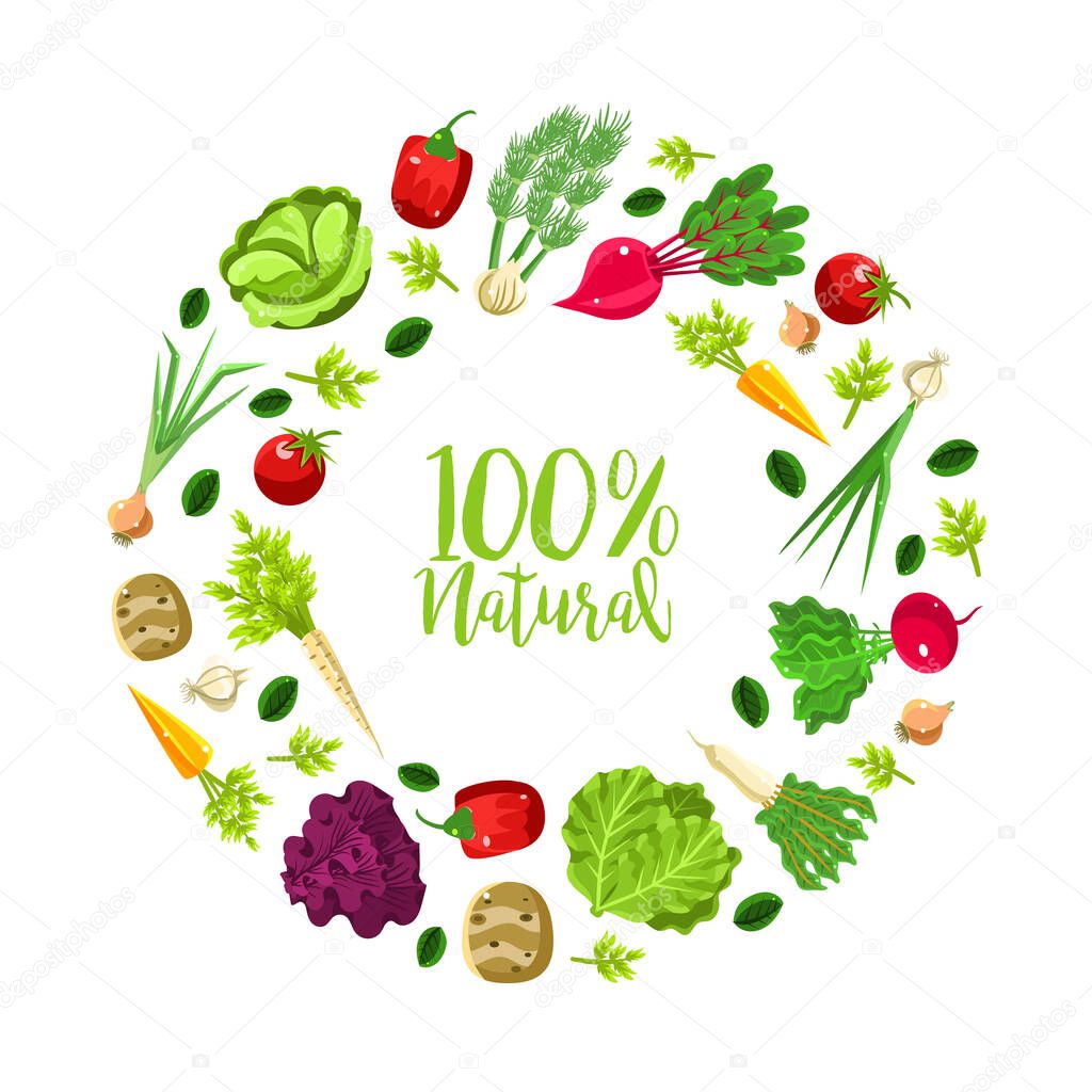 Round frame of root vegetables and greens. Vector illustration on a white background.