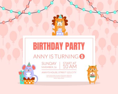 Doğum günü partisi için balonların arka planında pembe davetiye. Vektör illüstrasyonu.