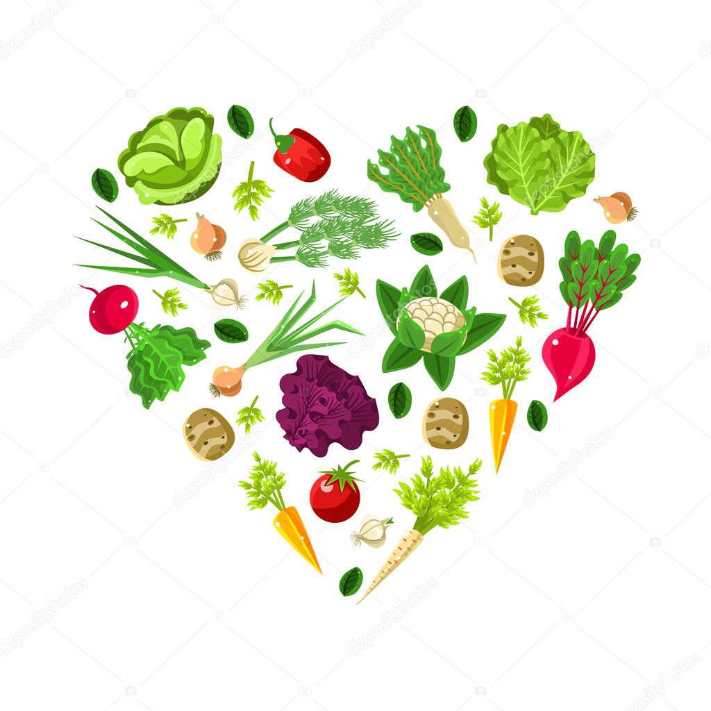 Heart shaped pattern of root vegetables. Vector illustration on a white background.