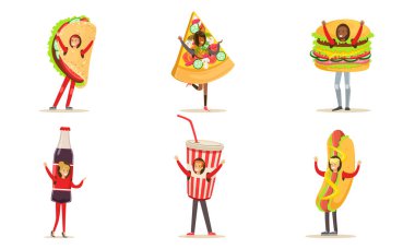 Beyaz arka planda izole edilmiş menü veya pankart taşıyıcı illüstrasyonu için Fast Food ve abur cubur kostümlerindeki insanlar karakterleri