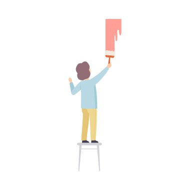 Çocuk Roller Düz Vektör İllüstrasyonuyla Duvarı Boyuyor