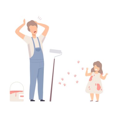 Man Painter And Baby Girl With Fingerprints On The Painted Wall Flat Vector Illustration clipart