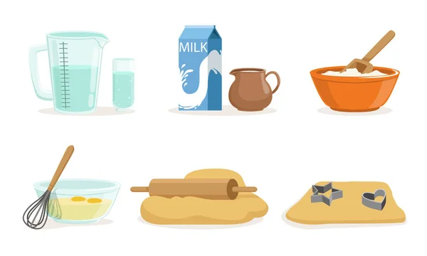 Ingredientes y utensilios de cocina para hacer masa y galletas Vector Illustration Set aislado sobre fondo blanco — Vector de stock