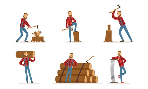 Handsome Bearded Lumberjack In Plaid Shirt At Work Vector Illustration Set Isolated On White Background — Stock Vector