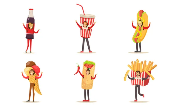 Mannen en vrouwen dragen kostuums van fastfood en ijs voor menu of banner Vector Illustratie set geïsoleerd op witte achtergrond — Stockvector