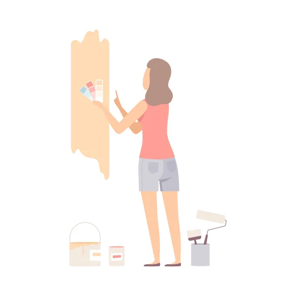 Žena vybírá barvu pro malování stěn s ploché vektorové ilustrace — Stockový vektor