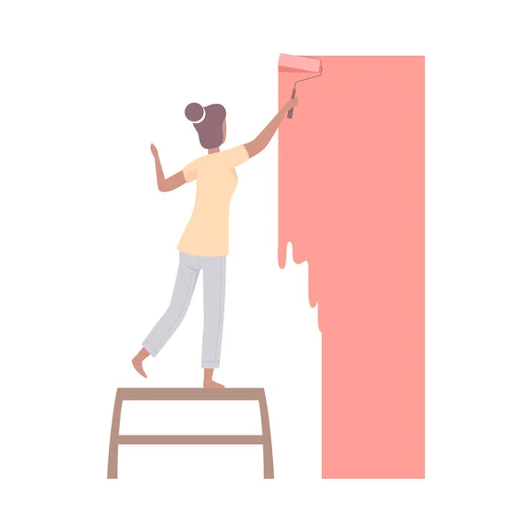 Mujer pinta la pared con rodillo en coral plana Vector Ilustración — Vector de stock