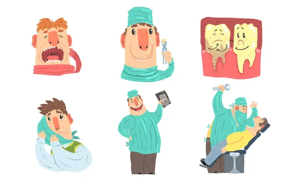 Funny Cartoon Dentysta w pracy, Humanized chory i zdrowe zęby Ilustracja zestaw Izolacja na białym tle — Wektor stockowy