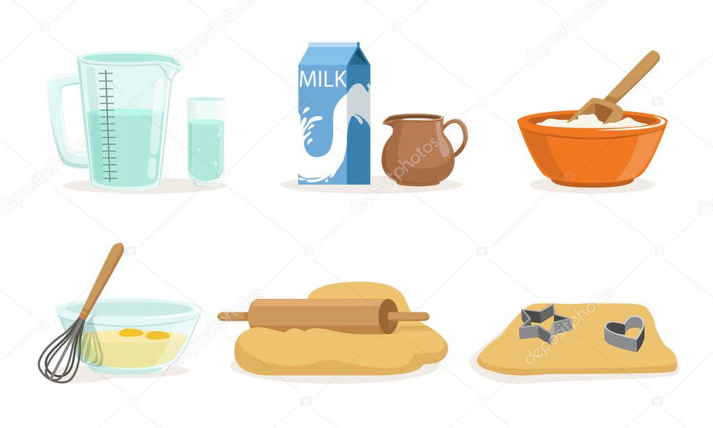 Ingredients And Cookware For Making Dough And Cookies Vector Illustration Set Isolated On White Background