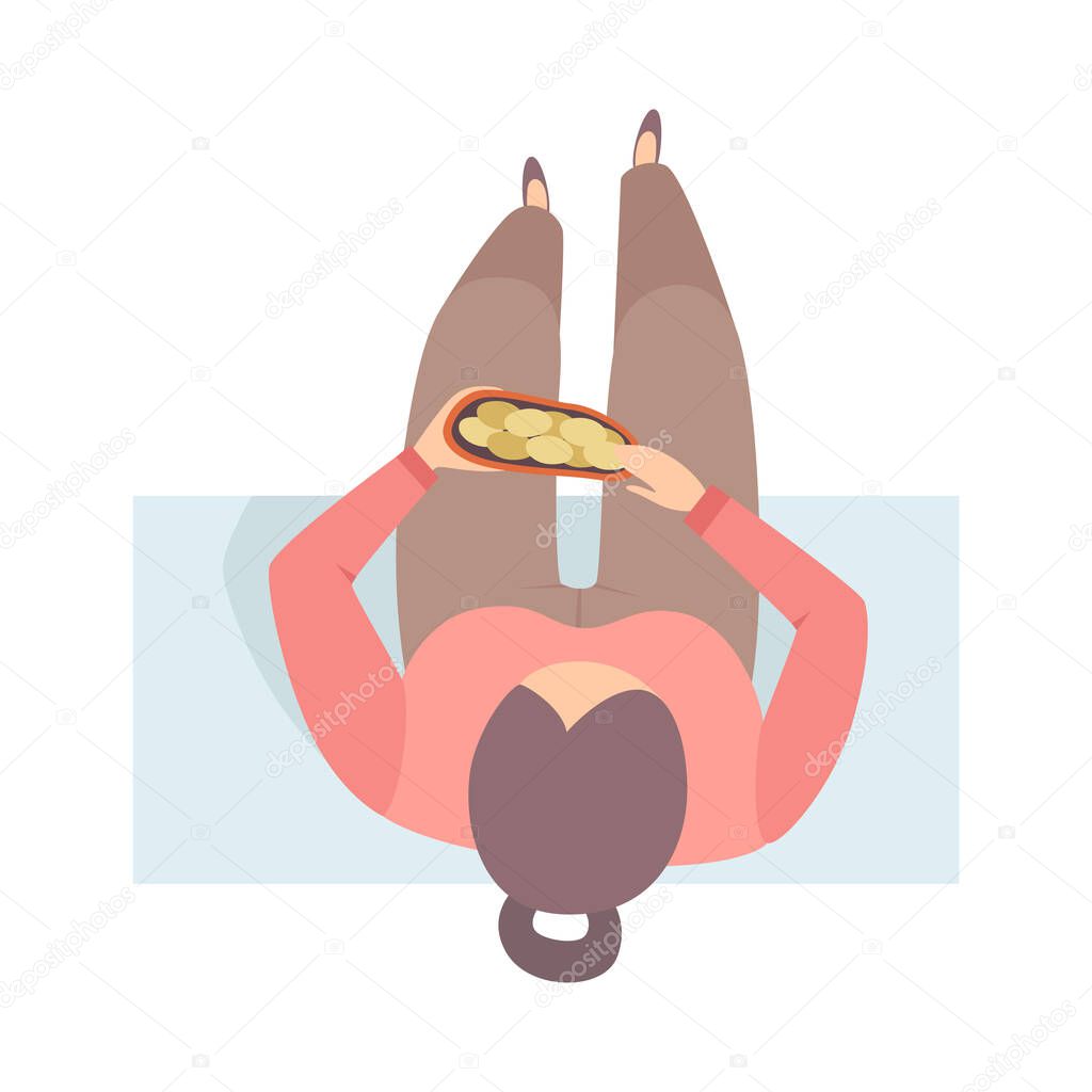 Woman Eats Chips Sitting On The Bench Flat Vector Illustration