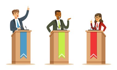 Young Politician Male And Female Speakers Behind Rostrum In Debates Vector Illustration Set Isolated On White Background clipart