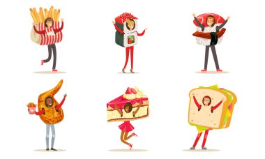 Fast Food and Desserts kostümlü mutlu insanlar beyaz arka planda izole Vektör İllüstrasyon seti