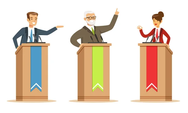 Politico e candidati che tengono un discorso dietro Rostrum nei dibattiti Illustrazione vettoriale Set isolato su sfondo bianco — Vettoriale Stock