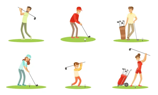 Different People Characters Playing Golf Outdoor Vector Illustration Set Isolated On White Background — Stock Vector