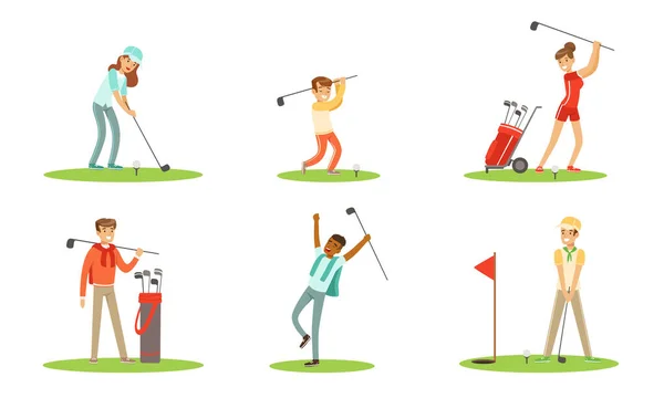 Συλλογή των παικτών γκολφ χαρακτήρες σε διαφορετικές ενέργειες Εξωτερική Διάνυσμα Εικονογράφηση που απομονώνονται σε λευκό φόντο — Διανυσματικό Αρχείο