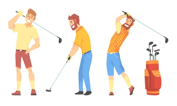 Drei Männer Charaktere in Sportbekleidung spielen Golf Vektor Illustration gesetzt isoliert auf weißem Hintergrund — Stockvektor