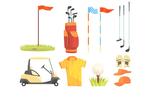 Golf Sport Equipment, Clothes And Game Attributes Vector Illustration Set Isolated On White Background — Stock Vector
