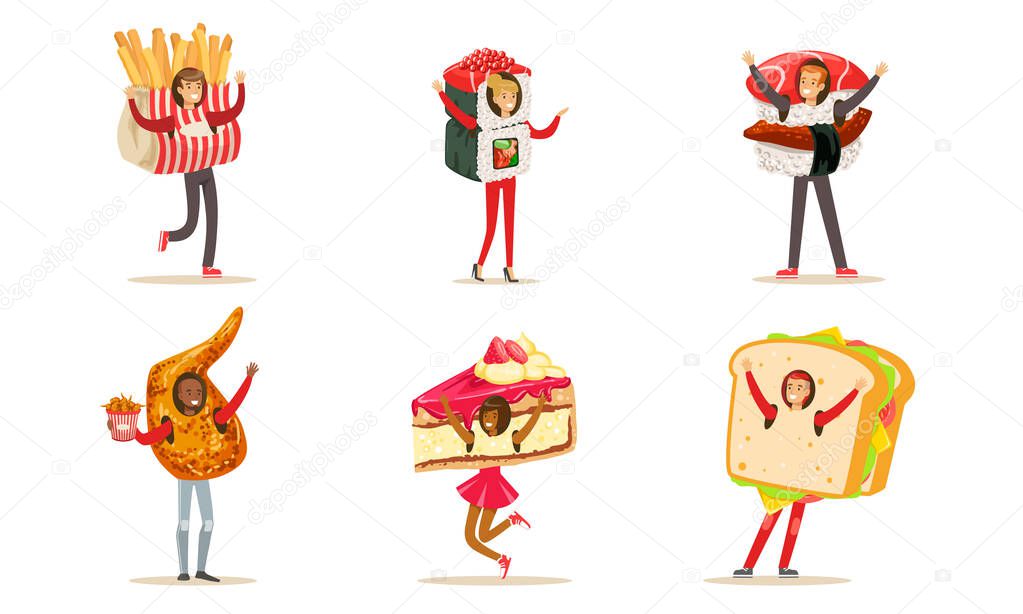 Happy People In Fast Food And Desserts Costumes For Advertising Vector Illustration Set Isolated On White Background