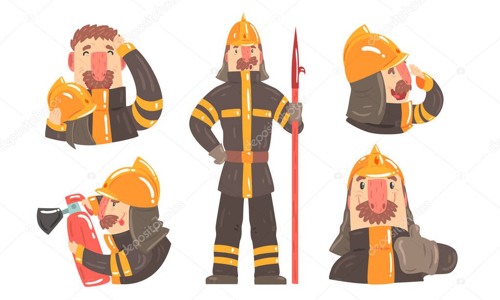 Cartoon Male Fireman Character In Different Actions With Tools Illustration Set Isolated On White Background