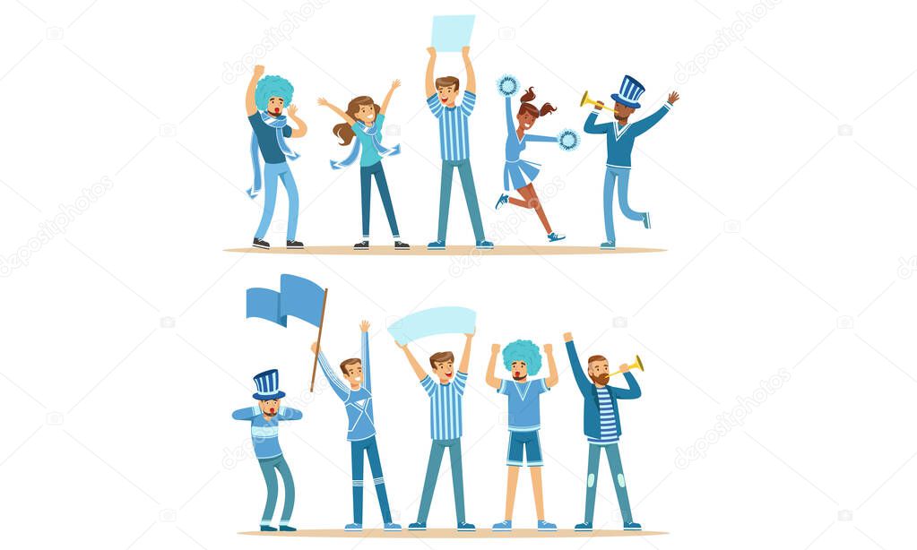 Group Of Fans In Blue Outfits Supporting Their Favorite Sports Team At The Stadium Vector Illustration Set Isolated On White Background