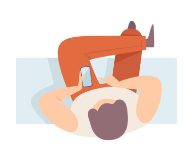 Sahada oturan adamın cep telefonu düz vektör çizimi