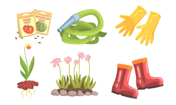 Instrumentos de jardín y cosas para flores de plantas, frutas y verduras conjunto de ilustración vectorial aislado sobre fondo blanco — Vector de stock