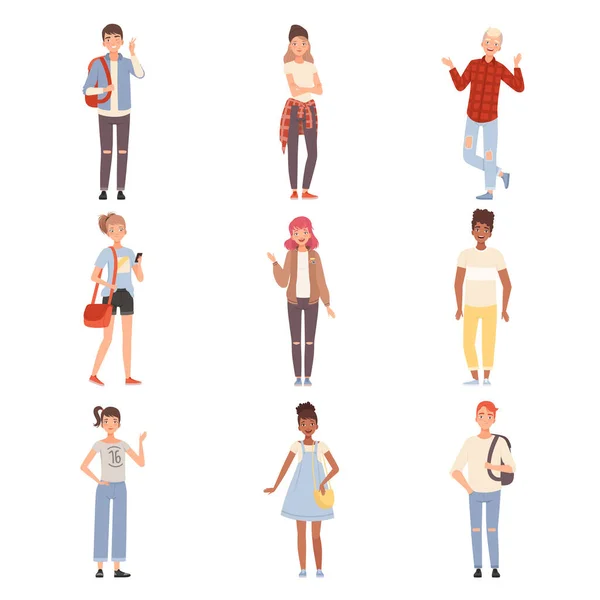 Teenagers In Different Poses Flat Vector Illustration Set — Stock Vector