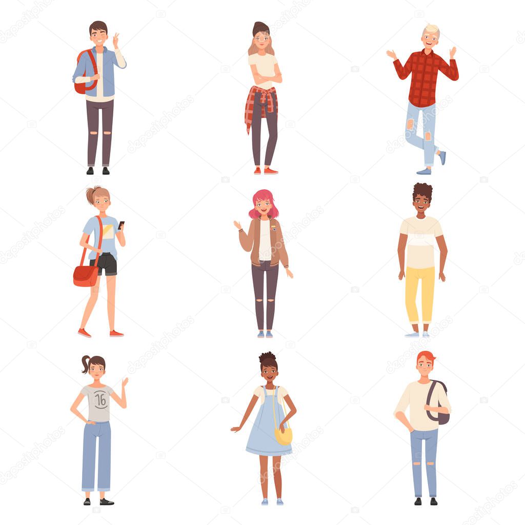 Teenagers In Different Poses Flat Vector Illustration Set